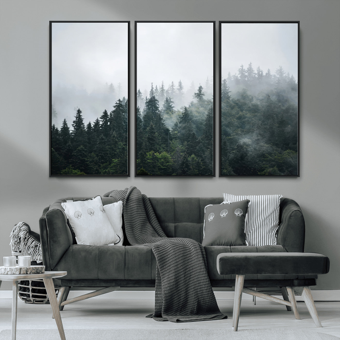 84146572-MGV-CV-36X24-Foggy Pine Trees Wall Art Canvas Print, Framed Forest Nature Art Picture Print, Evergreen Forest Perfect Scandinavian Minimalist