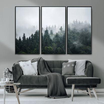 84146572-MGV-CV-36X24-Foggy Pine Trees Wall Art Canvas Print, Framed Forest Nature Art Picture Print, Evergreen Forest Perfect Scandinavian Minimalist