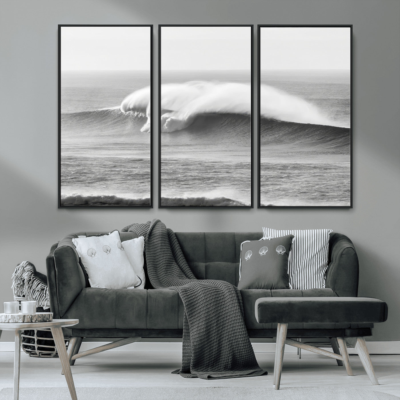 42544082-MGV-FC-48X32-3P_Black-Monochrome Seascape Wall Art Canvas Print, Framed Surf Wave Art Picture Print, Minimalist Ocean Perfect Moody Coastal Decor