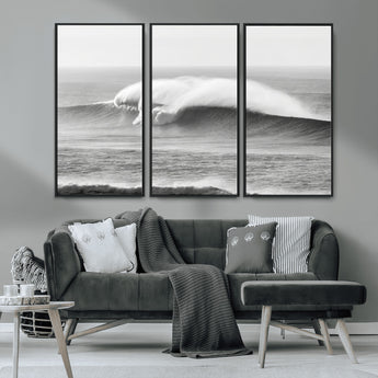 42544082-MGV-FC-48X32-3P_Black-Monochrome Seascape Wall Art Canvas Print, Framed Surf Wave Art Picture Print, Minimalist Ocean Perfect Moody Coastal Decor