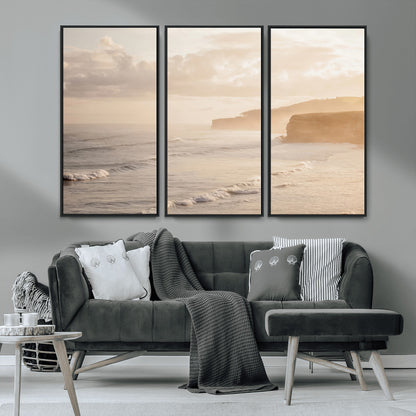 57669769-MGV-CV-36X24-Misty Coastal Wall Art Canvas Print, Framed Golden Sunset Art Picture Print, Serene Shoreline Perfect Tranquil Coastal Decor