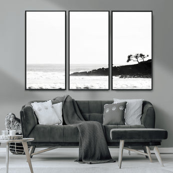 40875891-MGV-CV-36X24-SurferCliffs Wall Art Canvas Print, Framed Black White Beach Art Picture Print, Ocean Waves Perfect Minimalist Coastal Decor