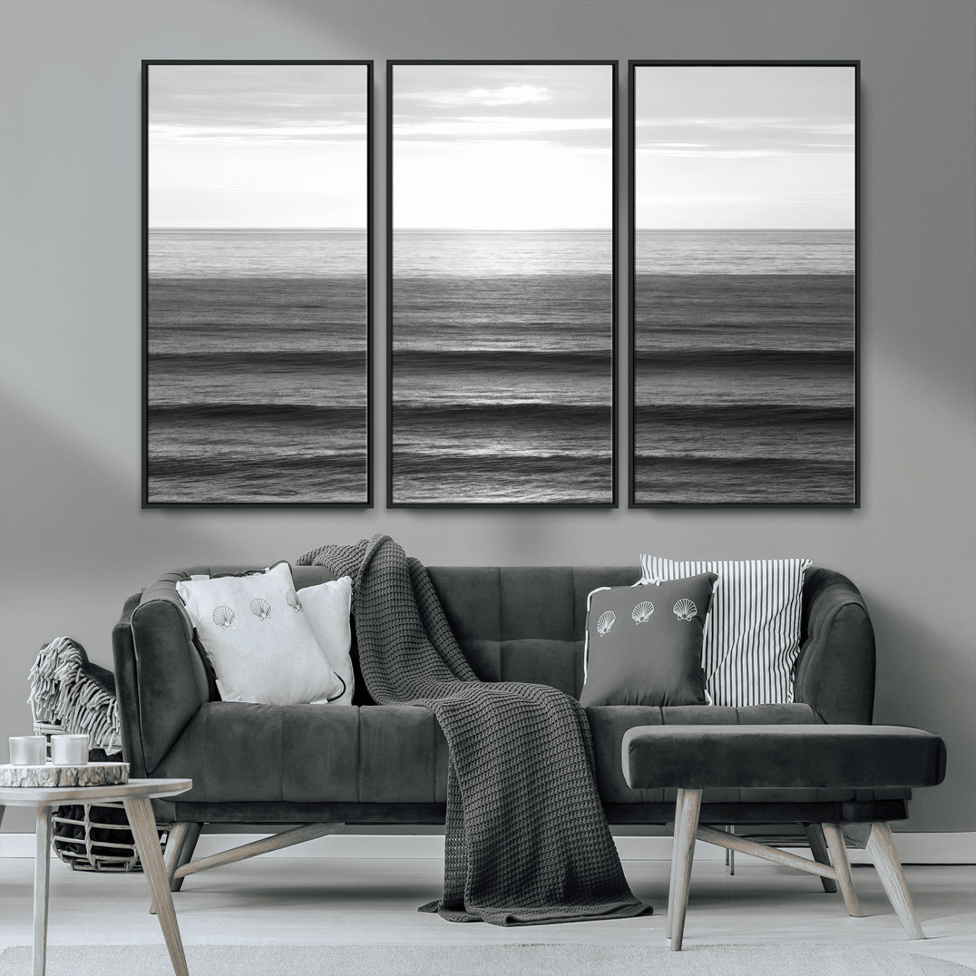 47305203-MGV-CV-36X24-Monochrome Ocean Wall Art Canvas Print, Framed Moody Ocean Art Picture Print, Calm Ocean Perfect Minimalist Coastal Decor Artwork