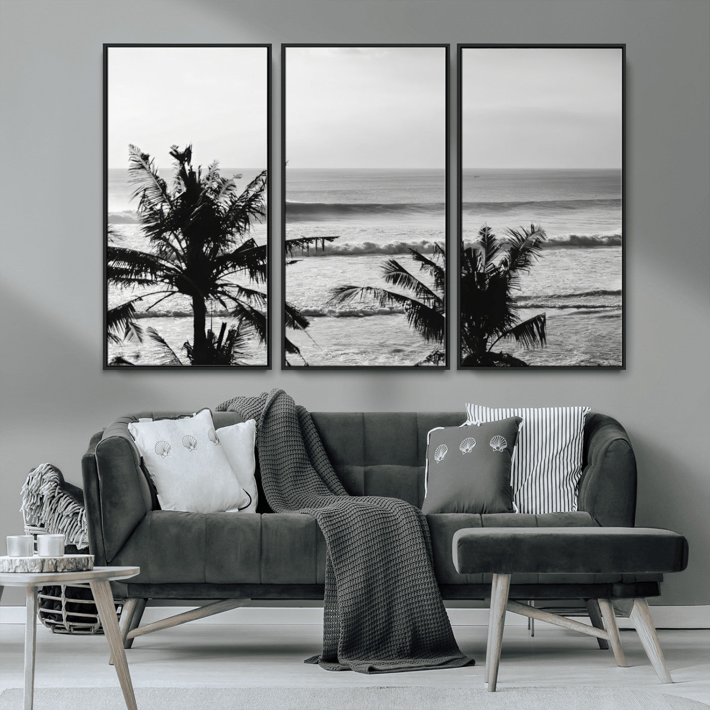 17508038-MGV-CV-36X24-Tropical Coastline Wall Art Canvas Print, Framed Palm Trees Art Picture Print, Ocean Waves Perfect Minimalist Coastal Decor