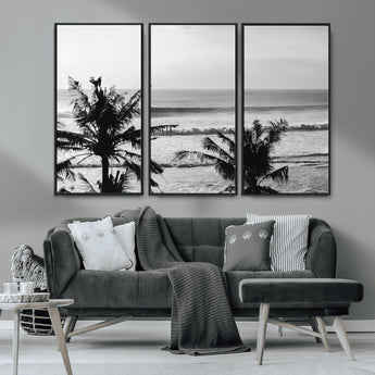 17508038-MGV-CV-36X24-Tropical Coastline Wall Art Canvas Print, Framed Palm Trees Art Picture Print, Ocean Waves Perfect Minimalist Coastal Decor