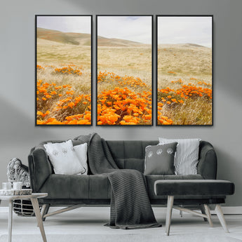28972262-MGV-CV-36X24-Golden Wildflowers Wall Art Canvas Print, Framed Hills Bloom Art Picture Print, Poppy Meadow Perfect Rustic Nature Decor Artwork
