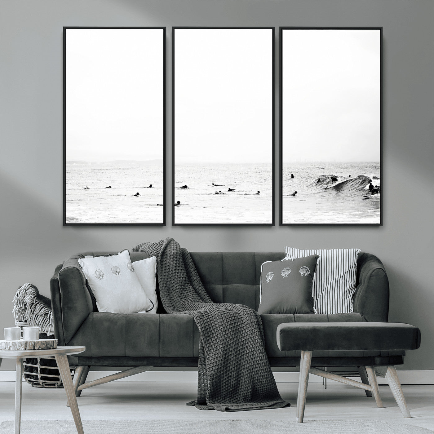 38441169-MGV-CV-36X24-Monochrome Swimming Wall Art Canvas Print, Framed Ocean Horizon Art Picture Print, Moody Coastal Perfect Minimalist Coastal Decor