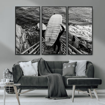 32353707-MGV-CV-36X24-Black White Surfing Wall Art Canvas Print, Framed Coastal Surfing Art Picture Print, Wave Riders Perfect Coastal Adventure Decor