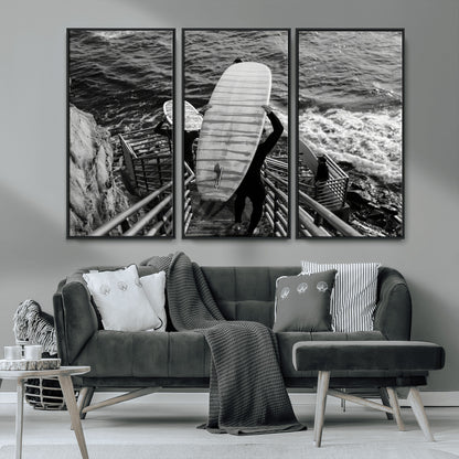 32353707-MGV-CV-36X24-Black White Surfing Wall Art Canvas Print, Framed Coastal Surfing Art Picture Print, Wave Riders Perfect Coastal Adventure Decor
