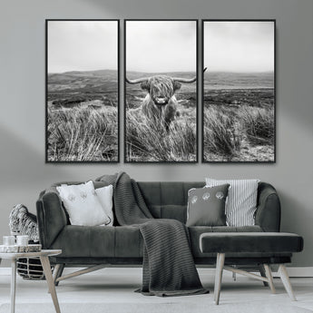 24051061-MGV-CV-36X24-Monochrome Highland Cow Wall Art Canvas Print, Framed Scottish Bull Art Picture Print, Lone Cattle Perfect Rustic Farmhouse Decor