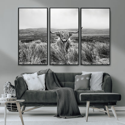 24051061-MGV-CV-36X24-Monochrome Highland Cow Wall Art Canvas Print, Framed Scottish Bull Art Picture Print, Lone Cattle Perfect Rustic Farmhouse Decor