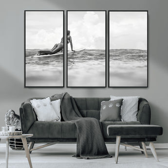 69798068-MGV-CV-36X24-Black White Surfing Wall Art Canvas Print, Framed Ocean Horizon Art Picture Print, Surfer Girl Perfect Coastal Adventure Decor