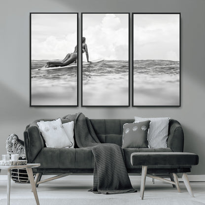 69798068-MGV-CV-36X24-Black White Surfing Wall Art Canvas Print, Framed Ocean Horizon Art Picture Print, Surfer Girl Perfect Coastal Adventure Decor