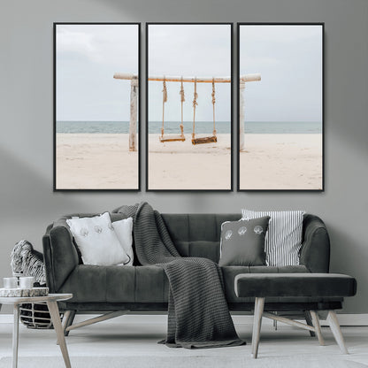 68327283-MGV-CV-36X24-Beach Swing Wall Art Canvas Print, Framed Quiet Beach Art Picture Print, Calm Shoreline Perfect Bohemian Coastal Decor Artwork