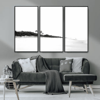 29611516-MGV-CV-36X24-Black White Beach Wall Art Canvas Print, Framed Palm Trees Art Picture Print, Monochrome Tropical Perfect Minimalist Coastal Decor