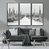35537313-MGV-CV-36X24-Monochrome Desert Wall Art Canvas Print, Framed Cactus Path Art Picture Print, Southwestern Landscape Perfect Southwestern