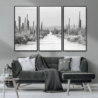 35537313-MGV-CV-36X24-Monochrome Desert Wall Art Canvas Print, Framed Cactus Path Art Picture Print, Southwestern Landscape Perfect Southwestern