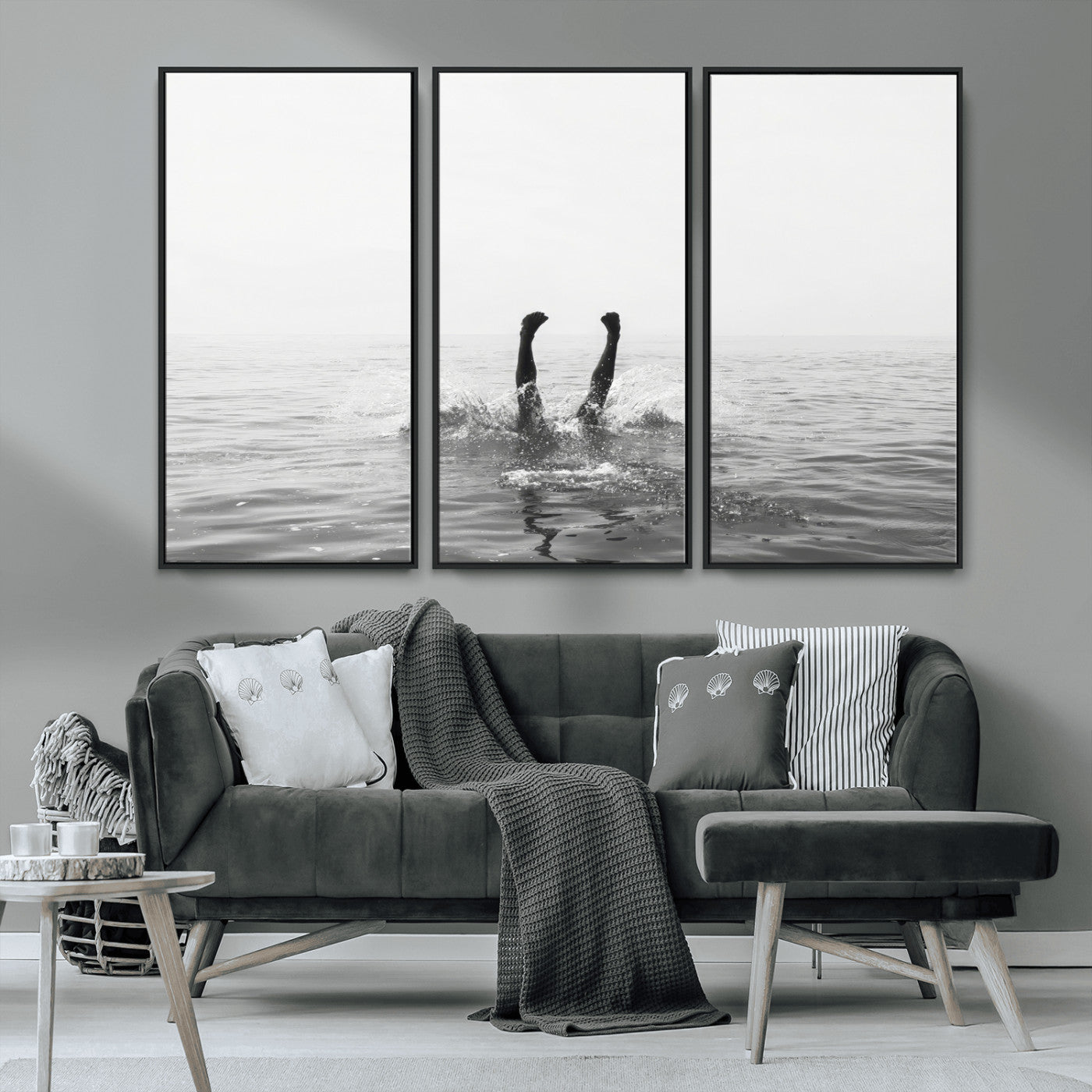 26667396-MGV-CV-36X24-Black White Ocean Wall Art Canvas Print, Framed Monochrome Water Art Picture Print, Diving into Water Perfect Minimalist Aquatic