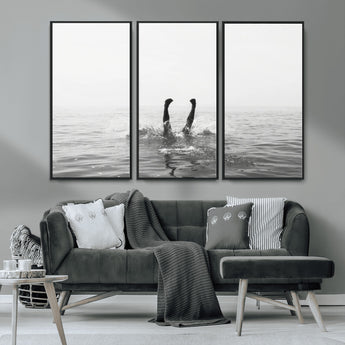 26667396-MGV-CV-36X24-Black White Ocean Wall Art Canvas Print, Framed Monochrome Water Art Picture Print, Diving into Water Perfect Minimalist Aquatic
