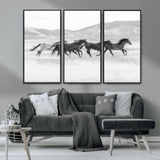 69934913-MGV-CV-36X24-Wild Horses Running Wall Art Canvas Print, Framed Black White Mustangs Art Picture Print, Rustic Western Perfect Rustic Western