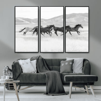 69934913-MGV-CV-36X24-Wild Horses Running Wall Art Canvas Print, Framed Black White Mustangs Art Picture Print, Rustic Western Perfect Rustic Western
