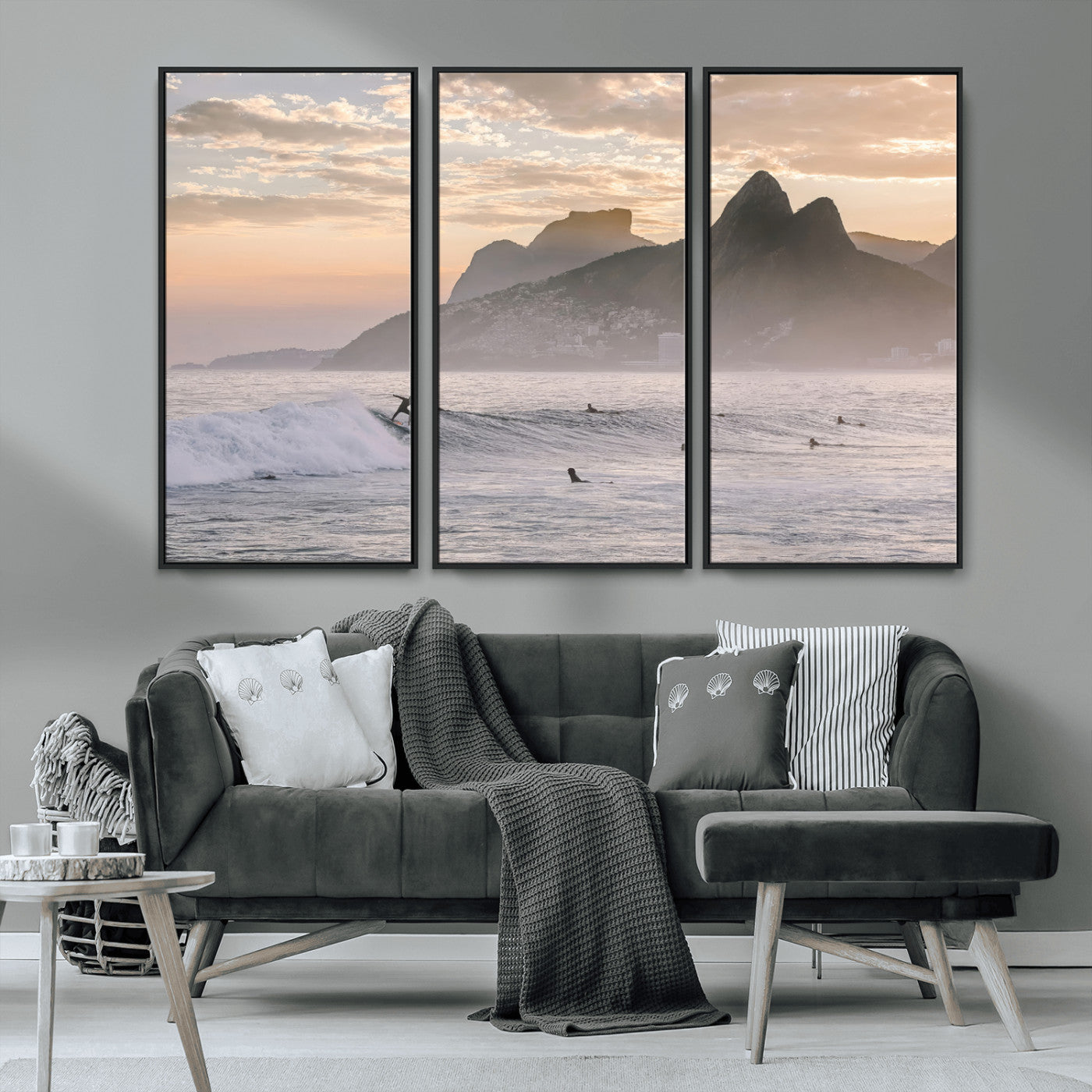 70644906-MGV-FC-48X32-3P_Black-Sunset Surfing Wall Art Canvas Print, Framed Misty Mountains Art Picture Print, Surfer Riding Wave Perfect Coastal Adventure Decor
