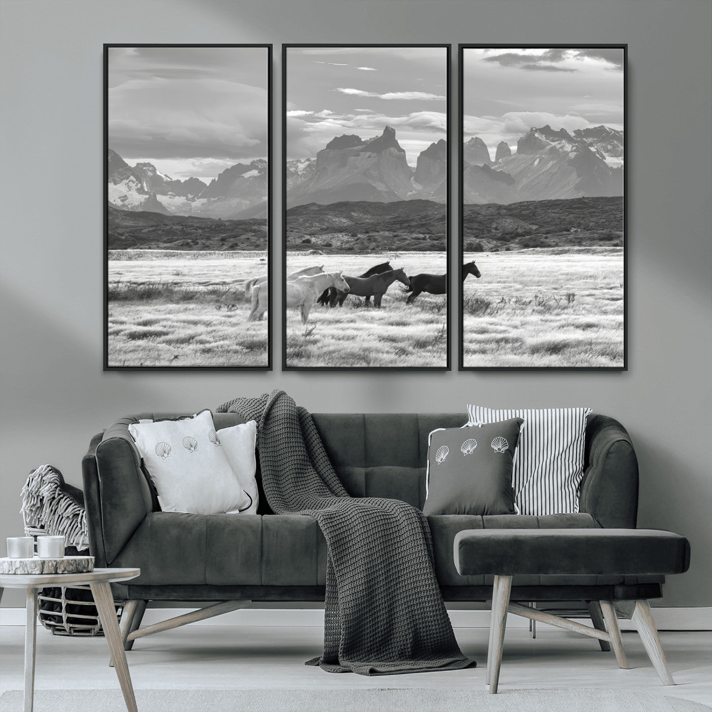 21655040-MGV-CV-36X24-Wild Horses Wall Art Canvas Print, Framed Black White Mountains Art Picture Print, Rustic Countryside Perfect Rustic Western Decor