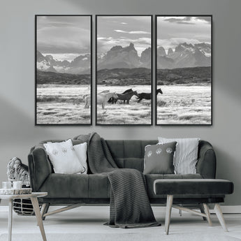 21655040-MGV-CV-36X24-Wild Horses Wall Art Canvas Print, Framed Black White Mountains Art Picture Print, Rustic Countryside Perfect Rustic Western Decor