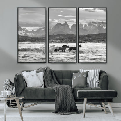 21655040-MGV-CV-36X24-Wild Horses Wall Art Canvas Print, Framed Black White Mountains Art Picture Print, Rustic Countryside Perfect Rustic Western Decor