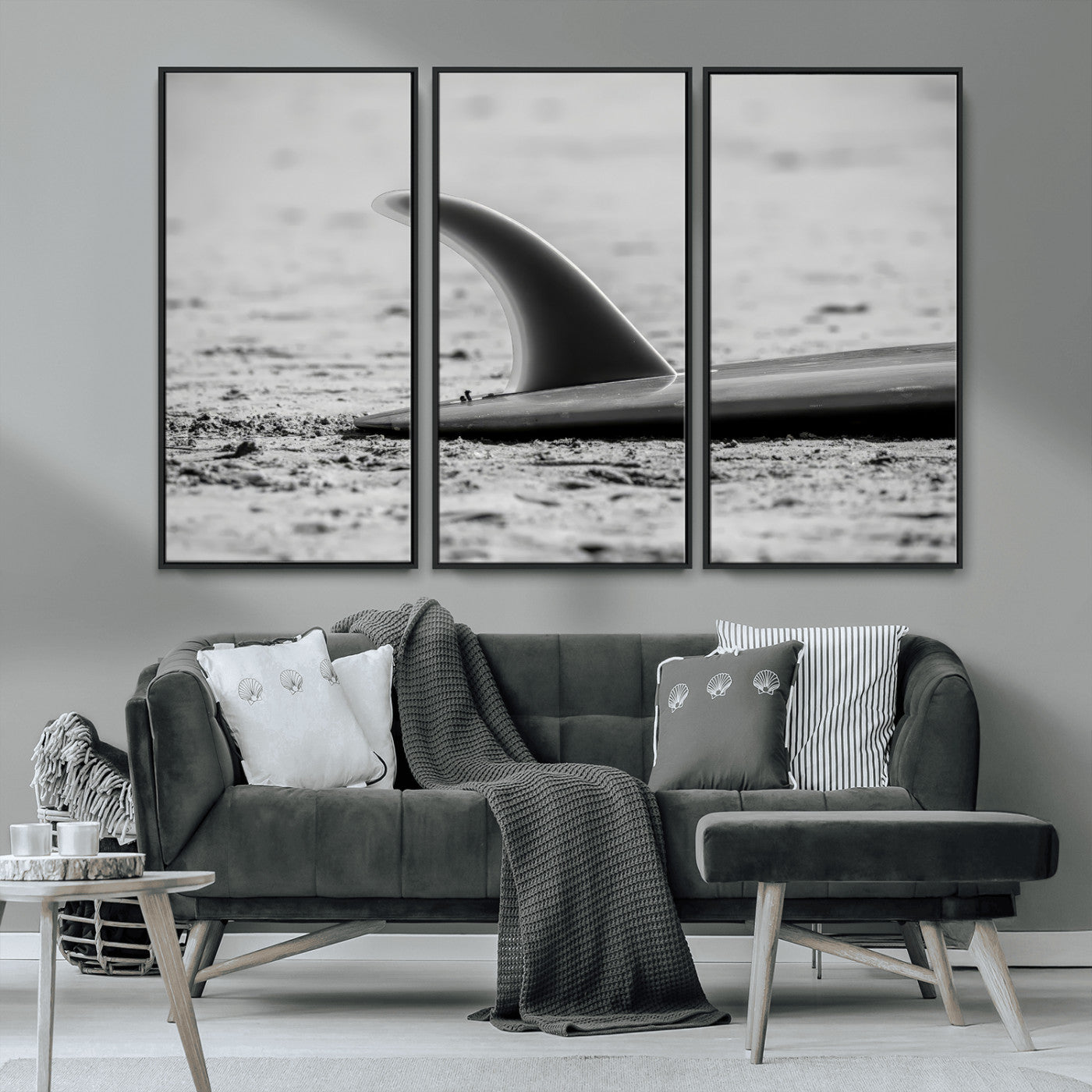62314230-MGV-FC-48X32-3P_Black-Black White Surfboard Wall Art Canvas Print, Framed Minimalist Beach Art Picture Print, Surf Fin Perfect Minimalist Coastal Decor