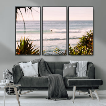 23287092-MGV-CV-36X24-Ocean Surfer Wall Art Canvas Print, Framed Coastal Surf Art Picture Print, Tropical Beach Perfect Tropical Coastal Decor Artwork