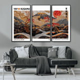 40959107-MGV-FC-48X32-3P_Black-Japanese Fuji Wall Art Print – Red Sun & Cherry Blossom Poster, Gold Wave Ukiyo-e Inspired Modern Japan Landscape Painting,