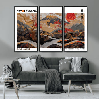 40959107-MGV-FC-48X32-3P_Black-Japanese Fuji Wall Art Print – Red Sun & Cherry Blossom Poster, Gold Wave Ukiyo-e Inspired Modern Japan Landscape Painting,