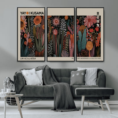 28344895-MGV-CV-36X24-Dark Floral Abstract Wall Art Poster – Modern Botanical Canvas Print with Beige Border, Kusama Inspired Boho Flower Painting,