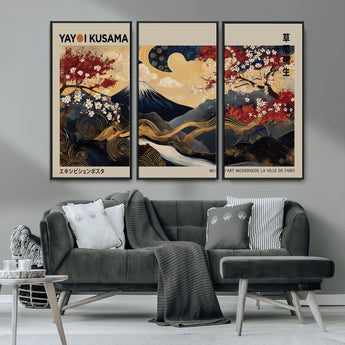 54967195-MGV-CV-36X24-Mount Fuji Wall Art – Japanese Cherry Blossom Abstract Canvas Print, Navy Gold Landscape Painting, Oriental Luxury Home Decor