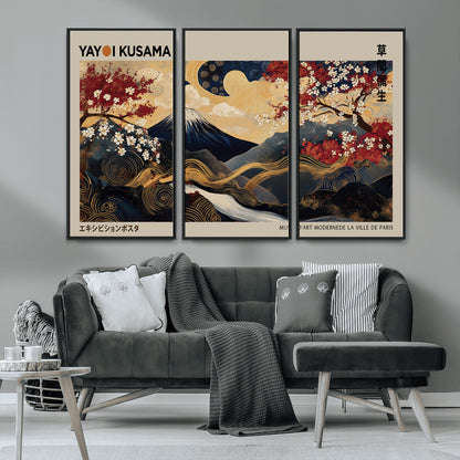 54967195-MGV-CV-36X24-Mount Fuji Wall Art – Japanese Cherry Blossom Abstract Canvas Print, Navy Gold Landscape Painting, Oriental Luxury Home Decor
