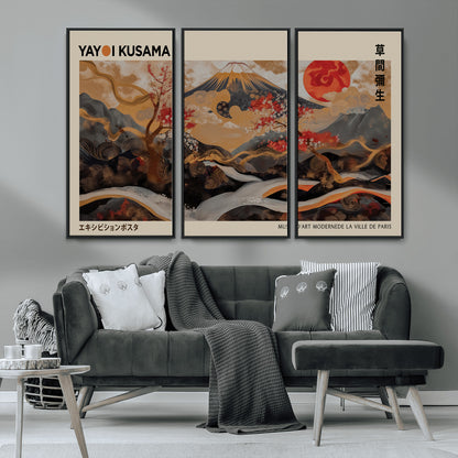 77970791-MGV-CV-36X24-Mount Fuji Golden Abstract Wall Art – Japanese Landscape Canvas Poster, Cherry Blossom & Red Sun Painting, Elegant Zen Oriental