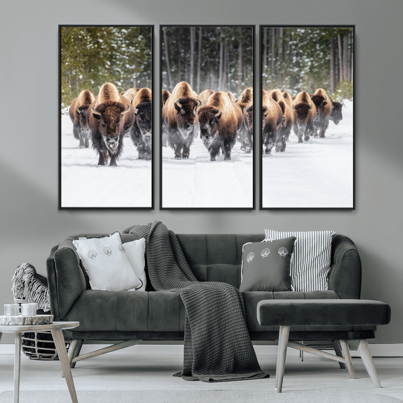 22695857-MGV-CV-36X24-Bison Herd Scene Wall Art Canvas Print, Framed Western Wildlife Art Picture Print, Rustic Animal Art Perfect Rustic Lodge Decor