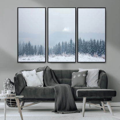 33033082-MGV-CV-36X24-Winter Forest Art Wall Art Canvas Print, Framed Snowy Landscape Art Picture Print, Misty Tree Scene Perfect Nordic Minimalist