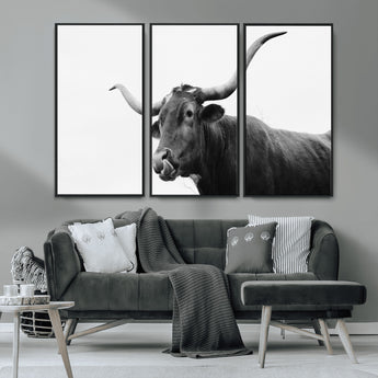 99244177-MGV-CV-36X24-Longhorn Photography Wall Art Canvas Print, Framed Western Cow Decor Art Picture Print, Black White Bull Perfect Modern Rustic