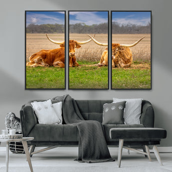97244565-MGV-CV-36X24-Longhorn Duo Wall Art Canvas Print, Framed Cozy Ranch Vibes Art Picture Print, Western Ranch Decor Perfect Rustic Farmhouse Decor