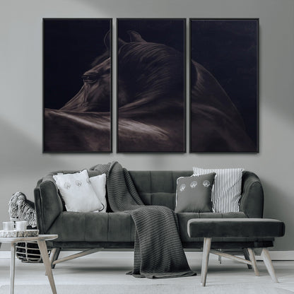 67026880-MGV-CV-36X24-Black Horse Portrait Wall Art Canvas Print, Framed Moody Horse Decor Art Picture Print, Equestrian Wall Style Perfect Masculine