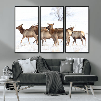 68738684-MGV-CV-36X24-Winter Elk Scene Wall Art Canvas Print, Framed Wildlife Photography Art Picture Print, Snowy Deer Decor Perfect Rustic Lodge Decor