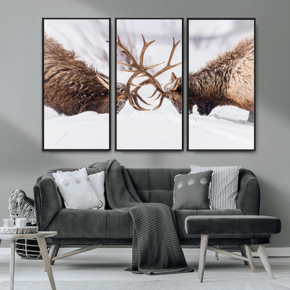 36507609-MGV-CV-36X24-Elk Clash Scene Wall Art Canvas Print, Framed Wildlife Strength Decor Art Picture Print, Snowy Forest Elk Perfect Rustic Lodge