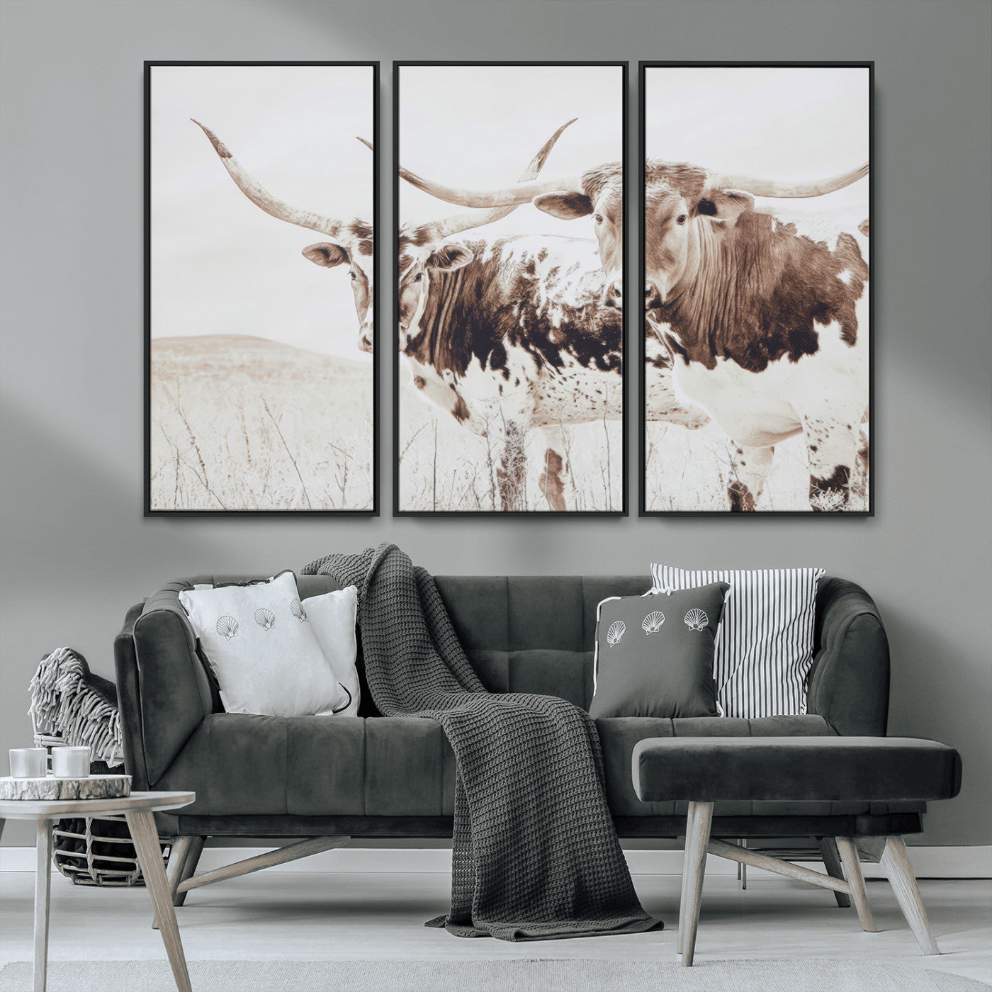 48161868-MGV-CV-36X24-Longhorn Cow Decor Wall Art Canvas Print, Framed Rustic Cattle Art Picture Print, Sepia Western Vibe Perfect Neutral Rustic