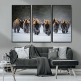 41669135-MGV-CV-36X24-Bison Herd Scene Wall Art Canvas Print, Framed Rustic Wildlife Decor Art Picture Print, Snowy Bison Landscape Perfect Rustic