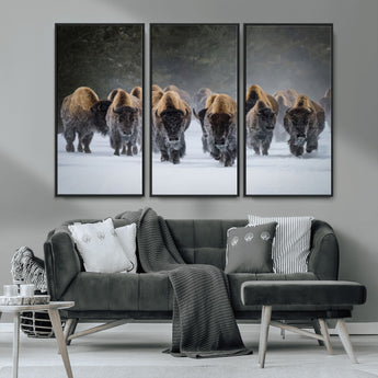 41669135-MGV-CV-36X24-Bison Herd Scene Wall Art Canvas Print, Framed Rustic Wildlife Decor Art Picture Print, Snowy Bison Landscape Perfect Rustic