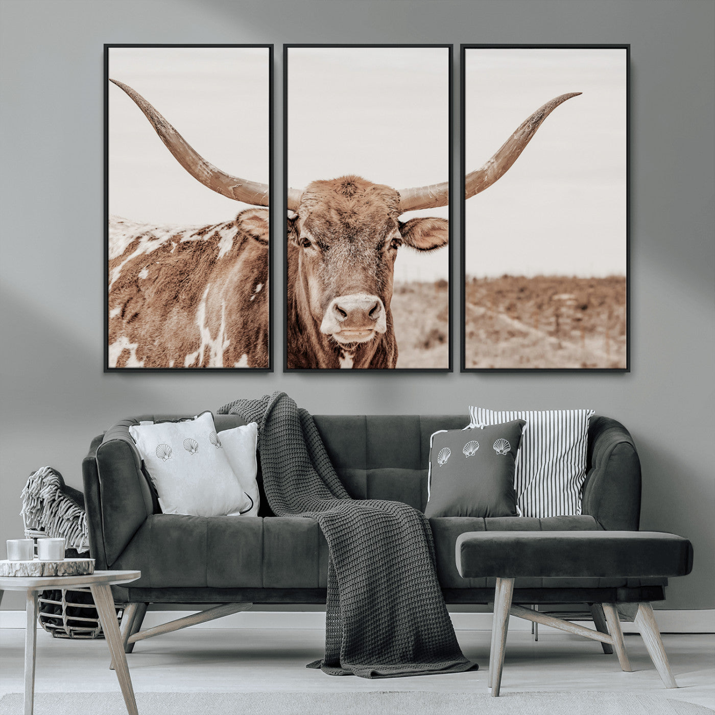 77810049-MGV-FC-48X32-3P_Black-Longhorn Bull Photo Wall Art Canvas Print, Framed Rustic Cow Decor Art Picture Print, Neutral Farmhouse Style Perfect Rustic