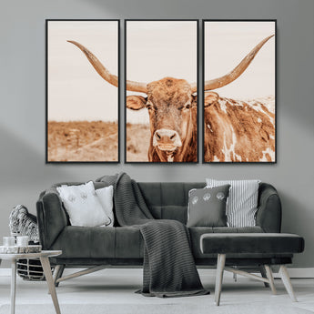74406977-MGV-CV-36X24-Longhorn Bull Decor Wall Art Canvas Print, Framed Western Cow Theme Art Picture Print, Rustic Farmhouse Wall Perfect Neutral