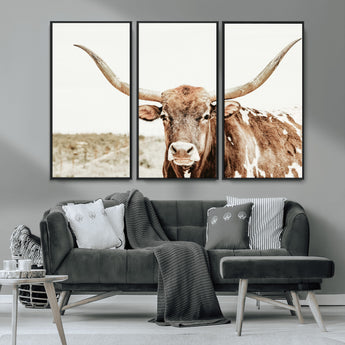 98924580-MGV-CV-36X24-Texas Longhorn Bull Wall Art Canvas Print, Framed Rustic Farmhouse Decor Art Picture Print, Western Animal Theme Perfect Rustic